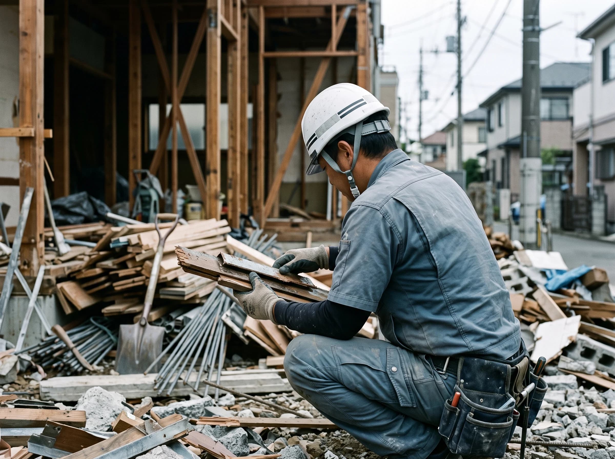 小規模な解体現場を確認する作業員