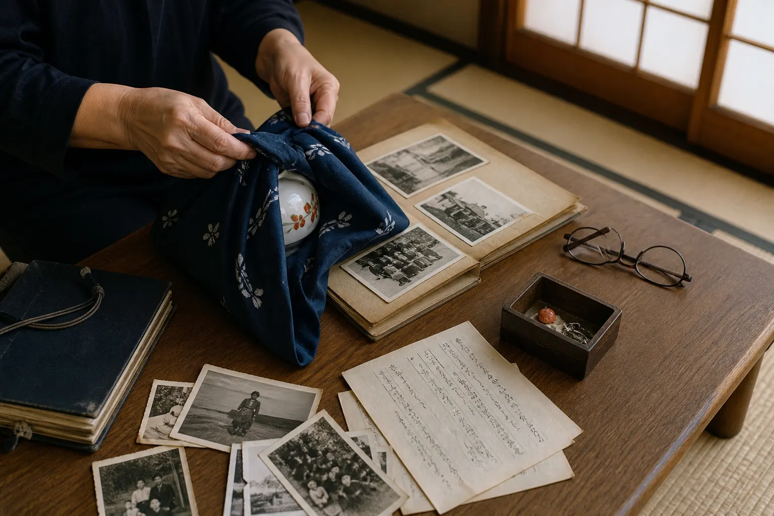 形見の写真や品を丁寧に仕分ける手元